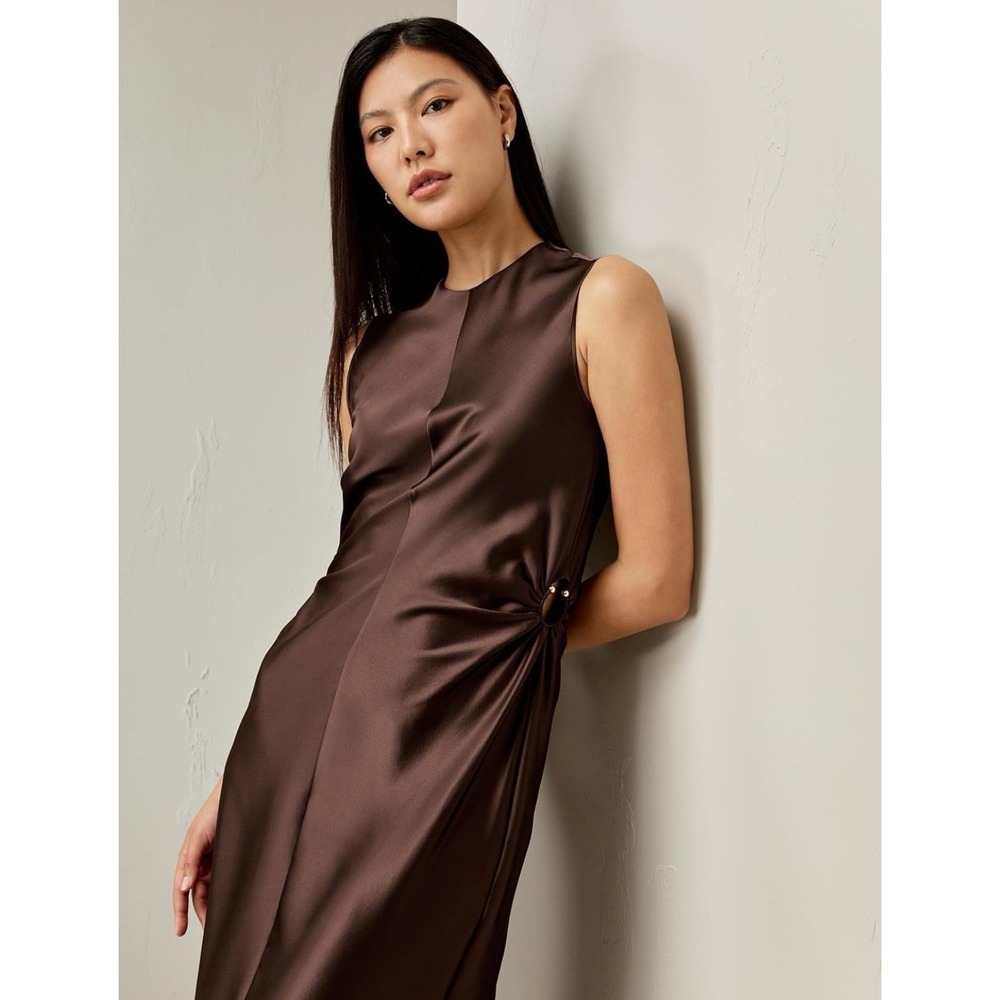 LilySilk $249 Mulberry Silk Chocolate A Line Dress Cut‎ Metal Ring Size 6 - Picture 3 of 14